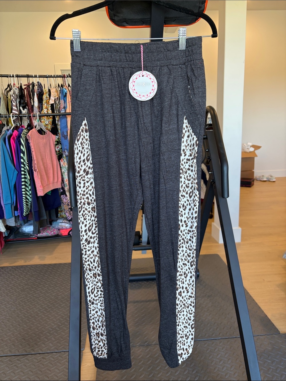 Umgee Charcoal Joggers with Leopard Side Panels